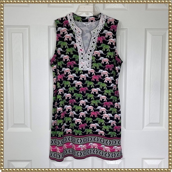 crown & ivy Dresses & Skirts - Crown & Ivy Elephant Print Preppy Embroidered A-Line Sleeveless Dress Medium